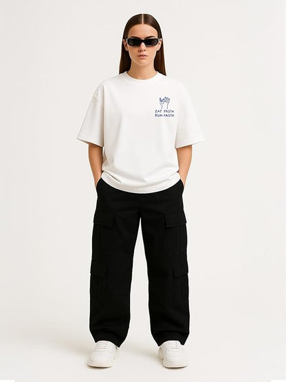 Women's Oversized Off-White "Eat Pasta Run Fasta" Graphic T-Shirt | Premium Cotton Tee