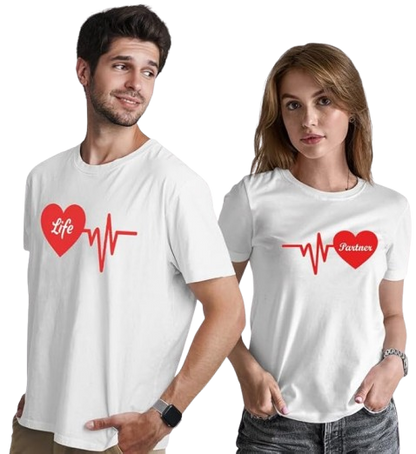 Life Partner Heartbeat Graphic Print Couple T-Shirt