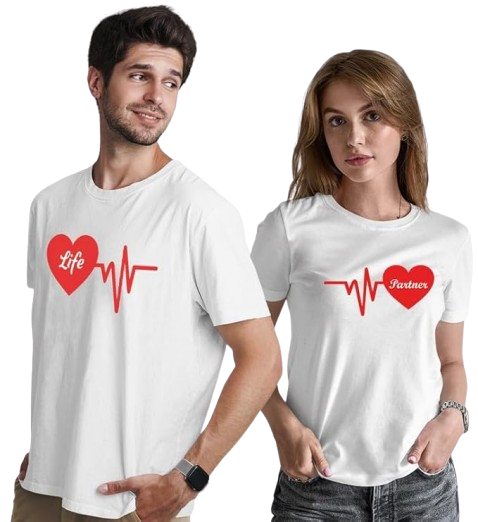 Life Partner Heartbeat Graphic Print Couple T-Shirt