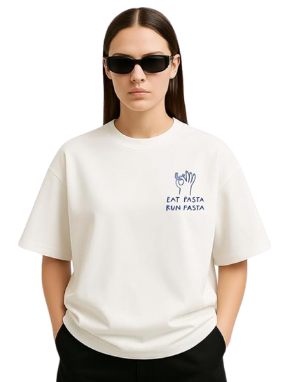 Women's Oversized Off-White "Eat Pasta Run Fasta" Graphic T-Shirt | Premium Cotton Tee