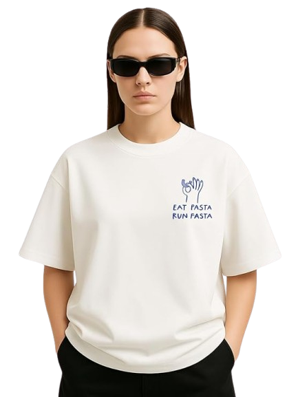 Women's Oversized Off-White "Eat Pasta Run Fasta" Graphic T-Shirt | Premium Cotton Tee