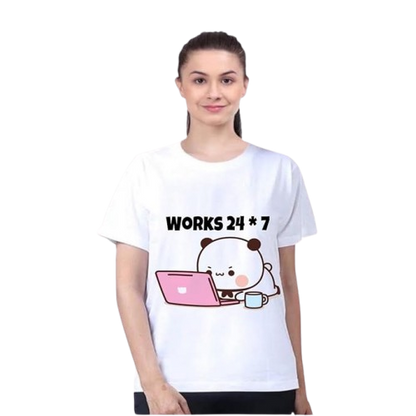 Works 24x7 Cute Panda Graphic T-Shirt – Funny Work Mode Printed Tee