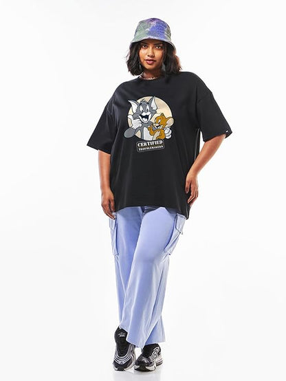 Tom and Jerry Women's Oversized T-Shirt Black | Cartoon Graphic Print Casual Wear