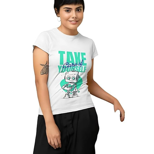 Take Care of Yourself Robot Graphic Print Women’s T-Shirt – Cute Cotton Casual Tee