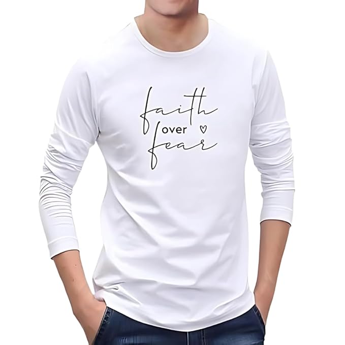Faith Over Fear Graphic Print Men’s Full Sleeve T-Shirt – Inspirational Cotton Casual Tee