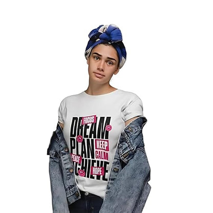 Dream Plan Achieve Graphic Print Women’s T-Shirt – Motivational Cotton Casual Tee