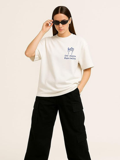 Women's Oversized Off-White "Eat Pasta Run Fasta" Graphic T-Shirt | Premium Cotton Tee