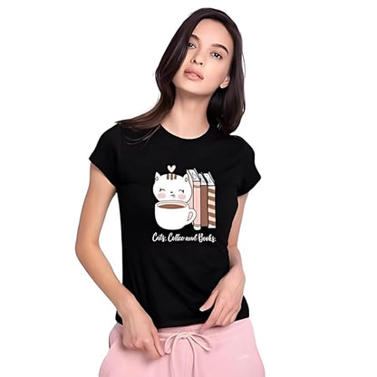 Cats, Coffee and Books Graphic Print Women’s T-Shirt – Cute Cotton Casual Tee