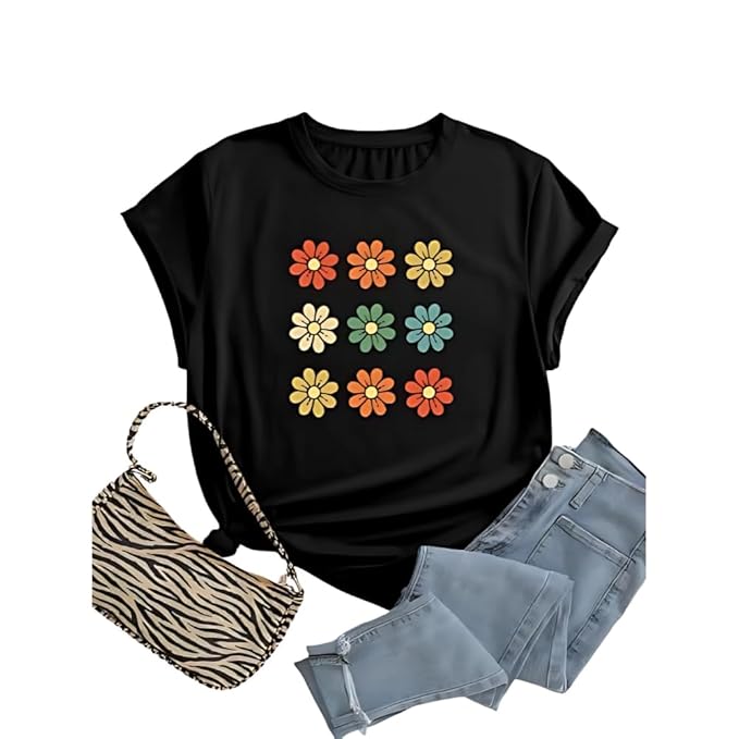 Retro Floral Grid Graphic Print Women’s T-Shirt – Vintage Aesthetic Cotton Casual Tee