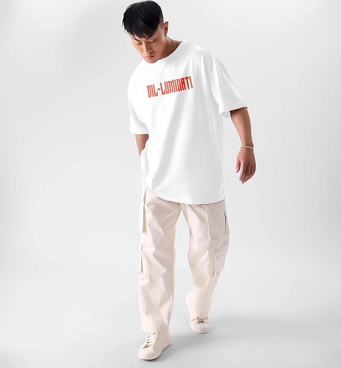PD CLORI Men's Oversized T-Shirt, White, Dil-Luminati Tour Graphic Print, Casual Wear