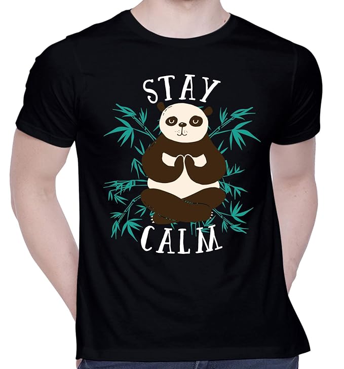 PD CLORI Men’s Black “Stay Calm” Panda Graphic Print T-Shirt, Cotton Casual Tee