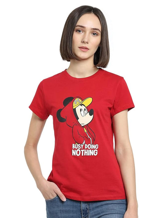 PD CLORI Women's Graphic Print T-Shirt, Red, Mickey Mouse Design, Casual Wear