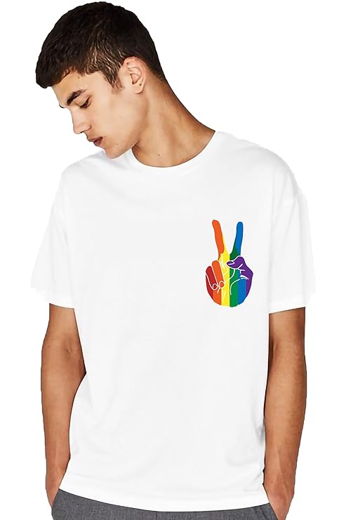 Men’s White T-Shirt – Rainbow Peace Hand Graphic Print