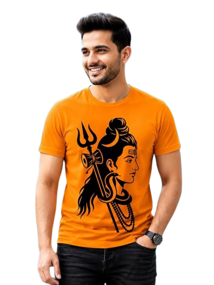 A man wearing a bright orange crew-neck t-shirt with a black graphic print of Lord Shiva, paired with black jeans, against a plain white background.