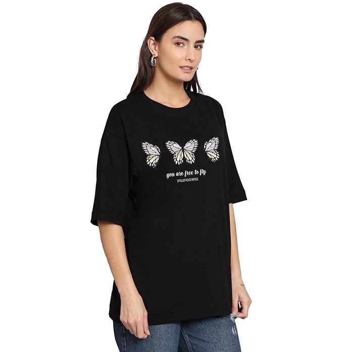 Women’s Oversized Black Butterfly Graphic T-Shirt | Free to Fly Printed Cotton Tee
