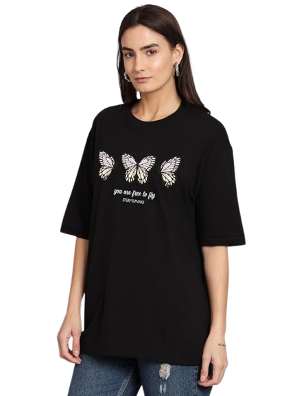 Women’s Oversized Black Butterfly Graphic T-Shirt | Free to Fly Printed Cotton Tee