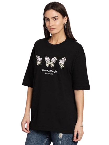 Women’s Oversized Black Butterfly Graphic T-Shirt | Free to Fly Printed Cotton Tee