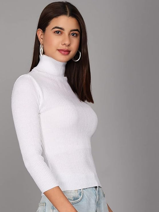 Solid Full Sleeves Highneck Sweater for Womens/Casual Pullover/Womens Turtle Neck/White Highneck T-Shirt