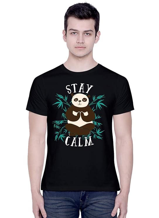 PD CLORI Men’s Black “Stay Calm” Panda Graphic Print T-Shirt, Cotton Casual Tee