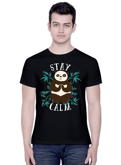 PD CLORI Men’s Black “Stay Calm” Panda Graphic Print T-Shirt, Cotton Casual Tee