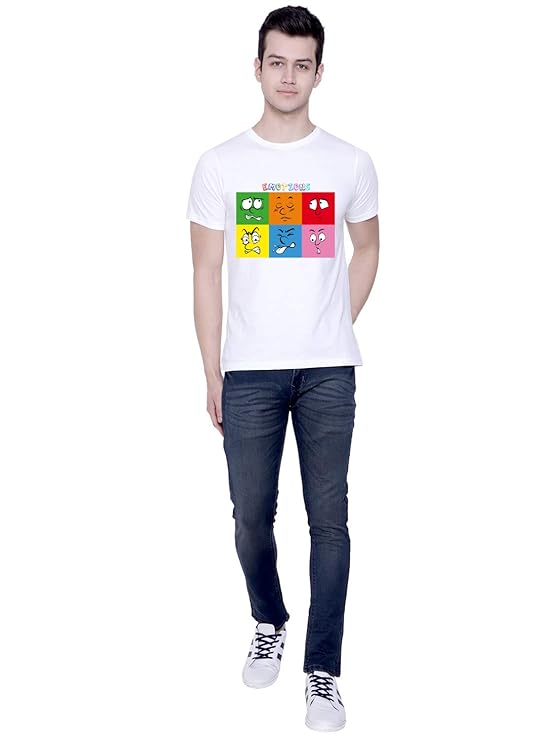 PD CLORI Men's White Cotton Graphic T-Shirt with Funny Emotions Print