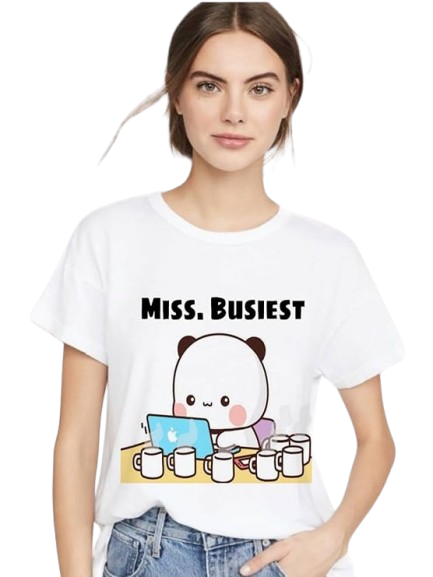 Miss. Busiest Cute Panda Graphic T-Shirt – Funny Work Mode Women’s Tee