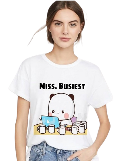 Miss. Busiest Cute Panda Graphic T-Shirt – Funny Work Mode Women’s Tee