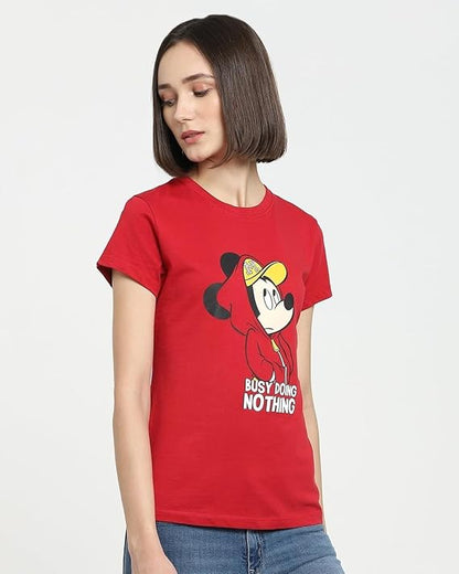 PD CLORI Women's Graphic Print T-Shirt, Red, Mickey Mouse Design, Casual Wear