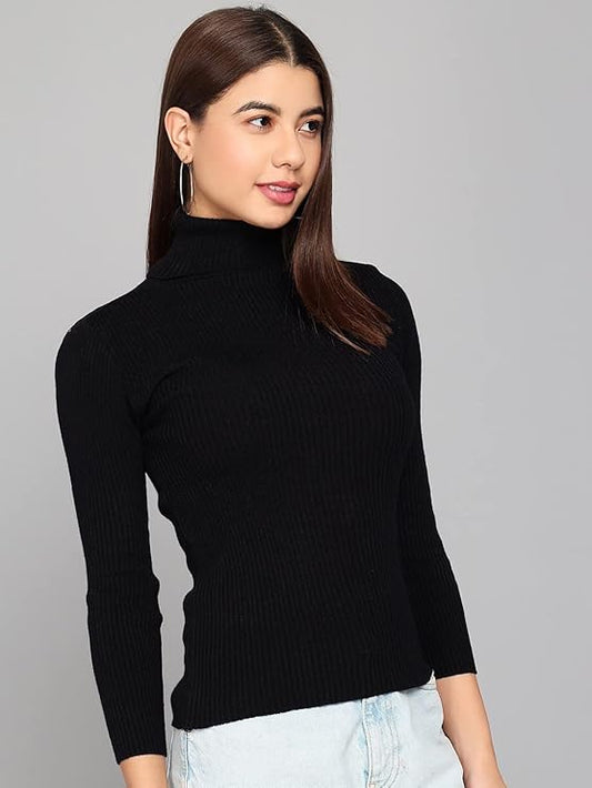 Solid Full Sleeves Highneck Sweater for Womens/Casual Pullover/Womens Turtle Neck/Black Highneck T-Shirt