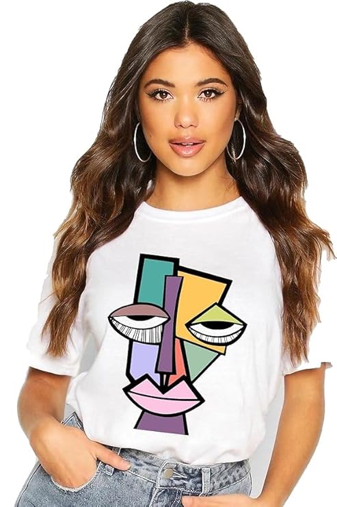 Colorful Abstract Face Graphic Print Women’s T-Shirt – Artistic Cotton Casual Tee