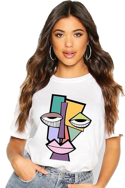 Colorful Abstract Face Graphic Print Women’s T-Shirt – Artistic Cotton Casual Tee
