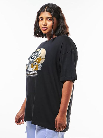 Tom and Jerry Women's Oversized T-Shirt Black | Cartoon Graphic Print Casual Wear