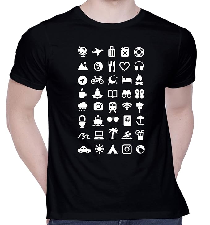 Men’s Black Travel Icon Graphic T-Shirt – Adventure & Lifestyle Print