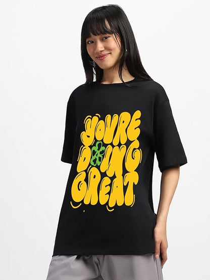 PD CLORI Women’s Blue Cotton Graphic T-Shirt with ‘You’re Doing Great’ Print