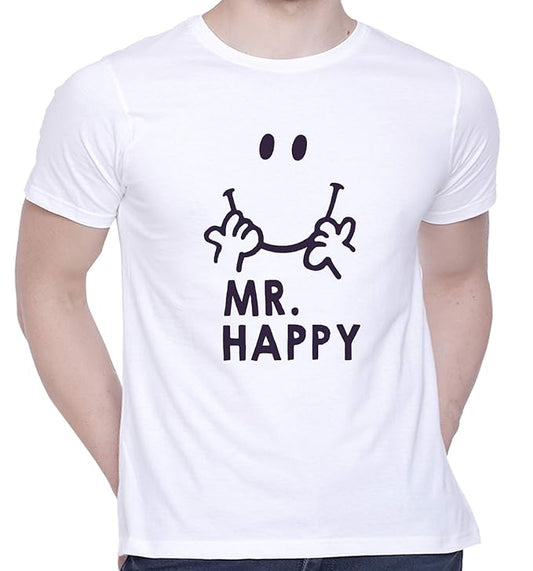 PD CLORI Men's Casual White T-Shirt with Mr Happy Print, Cotton Blend