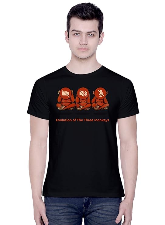 PD CLORI Men's Black Cotton Graphic T-Shirt with Evolution of Three Monkeys Print