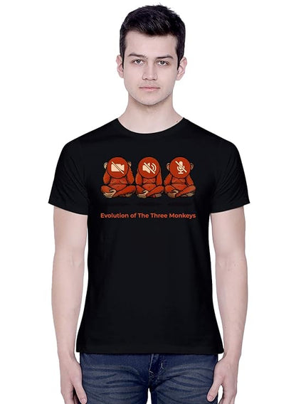 PD CLORI Men's Black Cotton Graphic T-Shirt with Evolution of Three Monkeys Print