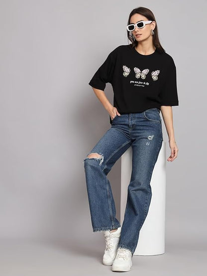 Women’s Oversized Black Butterfly Graphic T-Shirt | Free to Fly Printed Cotton Tee