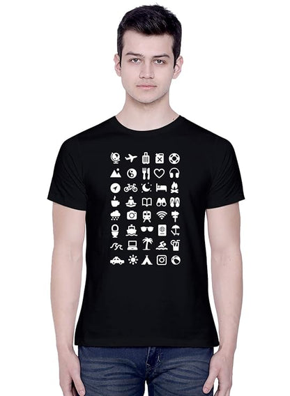 Men’s Black Travel Icon Graphic T-Shirt – Adventure & Lifestyle Print
