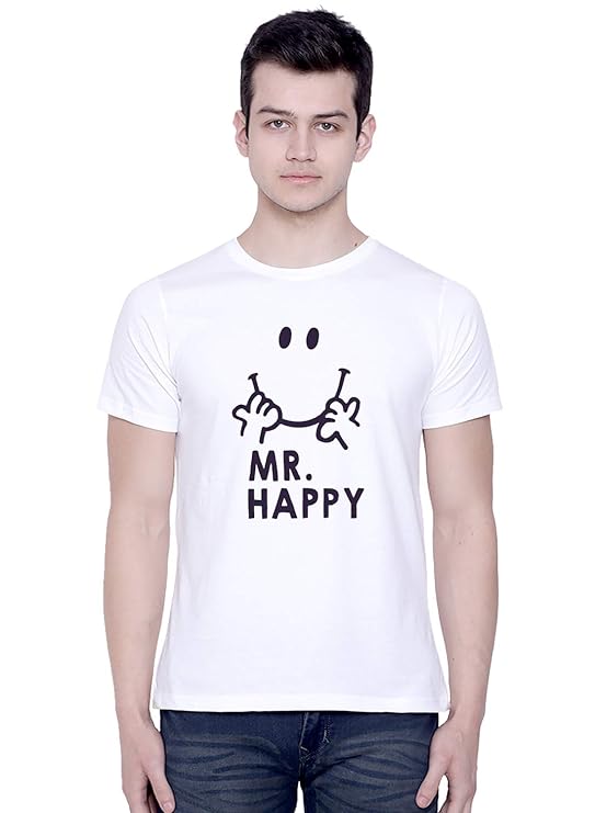 PD CLORI Men's Casual White T-Shirt with Mr Happy Print, Cotton Blend