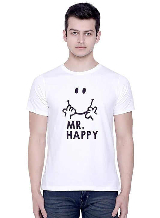 PD CLORI Men's Casual White T-Shirt with Mr Happy Print, Cotton Blend
