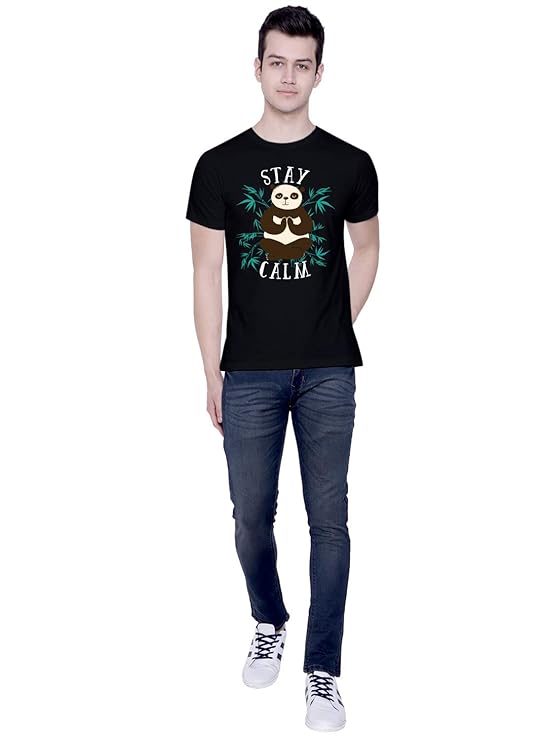 PD CLORI Men’s Black “Stay Calm” Panda Graphic Print T-Shirt, Cotton Casual Tee