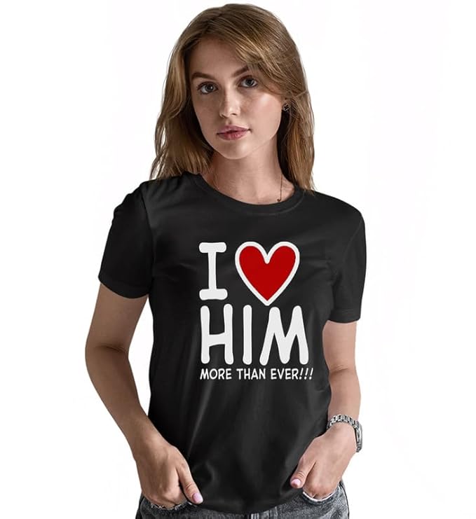 I Love Him | I Love Her Graphic Print Couple T-Shirt