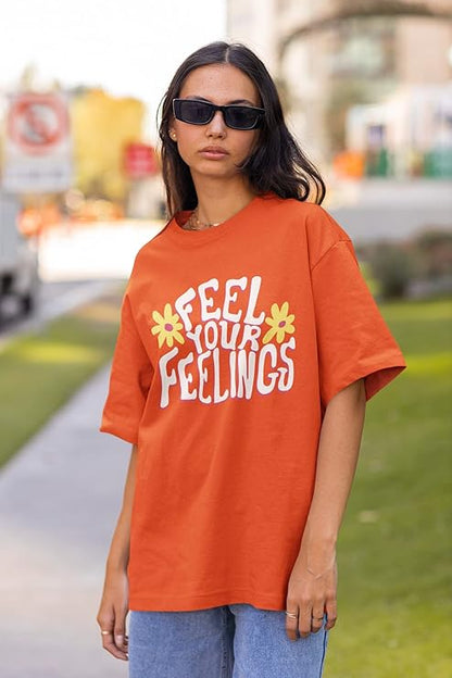 PD CLORI Women's Graphic T-Shirt, Orange, Feelings Print with Floral Design, Casual Short Sleeve