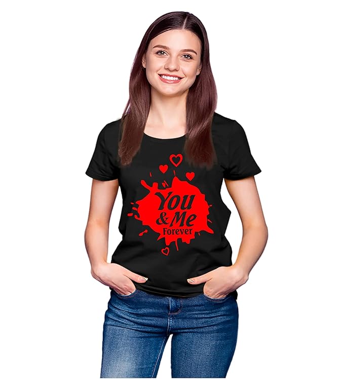 PD CLORI Matching Couple T-Shirts – 'You & Me Forever' Design, Black with Red Print, Cotton Casual Wear