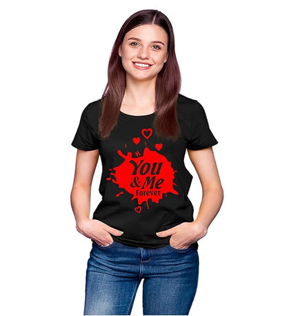 PD CLORI Matching Couple T-Shirts – 'You & Me Forever' Design, Black with Red Print, Cotton Casual Wear
