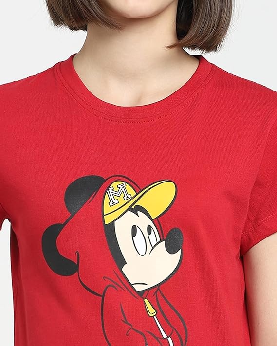 PD CLORI Women's Graphic Print T-Shirt, Red, Mickey Mouse Design, Casual Wear
