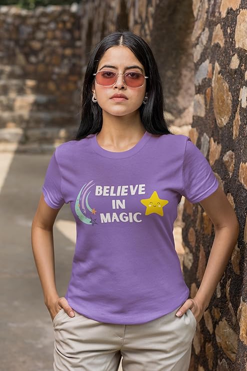 PD CLORI Believe in Magic Women's T-Shirt, Purple, Casual Short Sleeve Graphic Tee