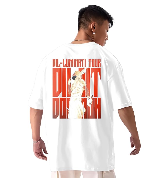 PD CLORI Men's Oversized T-Shirt, White, Dil-Luminati Tour Graphic Print, Casual Wear