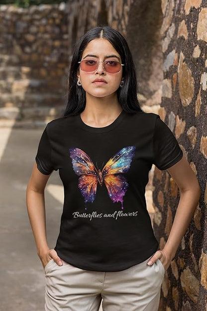 PD CLORI Women's Casual T-Shirt Black | Short Sleeve Round Neck with Butterfly Graphic Print